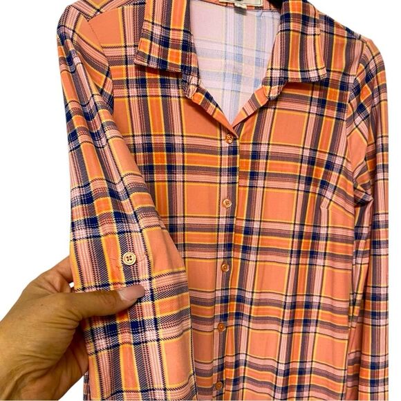 No Comment Peach Plaid Long Sleeve Button-Down Shirt Size M - Picture 3 of 6